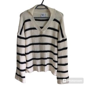 Princess Polly Forte Knit Sweater Black/White Striped V Neck Collar Oversized